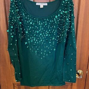 Boston Proper Green Embellished Long Sleeve Top